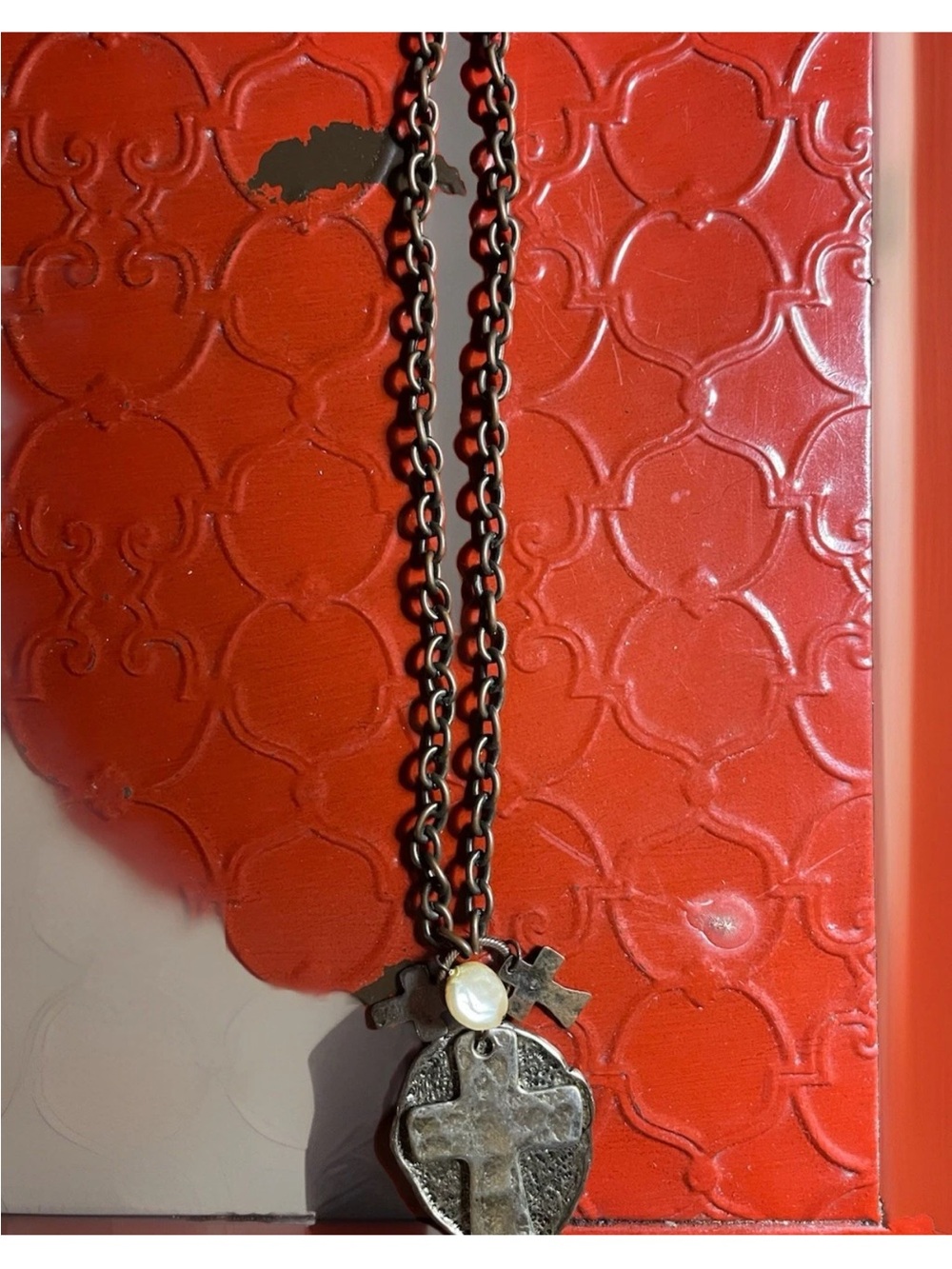 Antique Bronze Cross Pendant Necklace with Pearl Accent